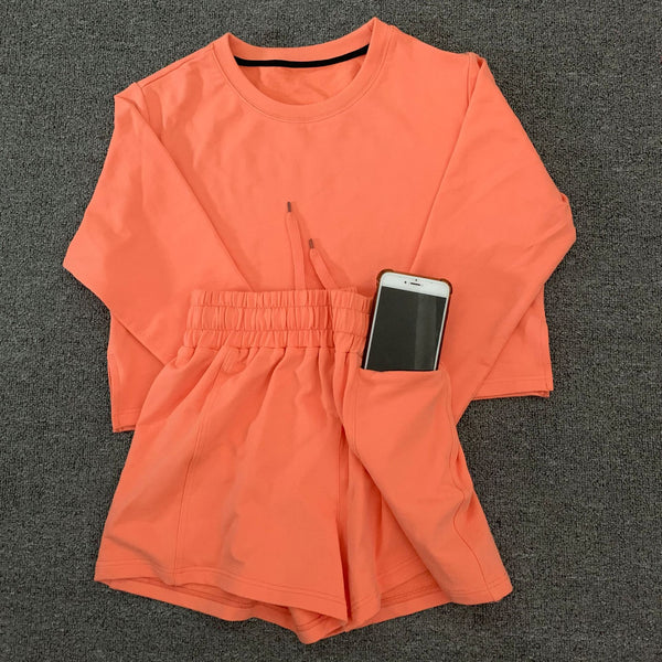 Women Casual Jogger Two Pieces Set Long Sleeve Loose Crop Top Shorts Fashion Sweater Tracksuit Yoga Suit Fitness Sporty Suit | Vimost Shop.