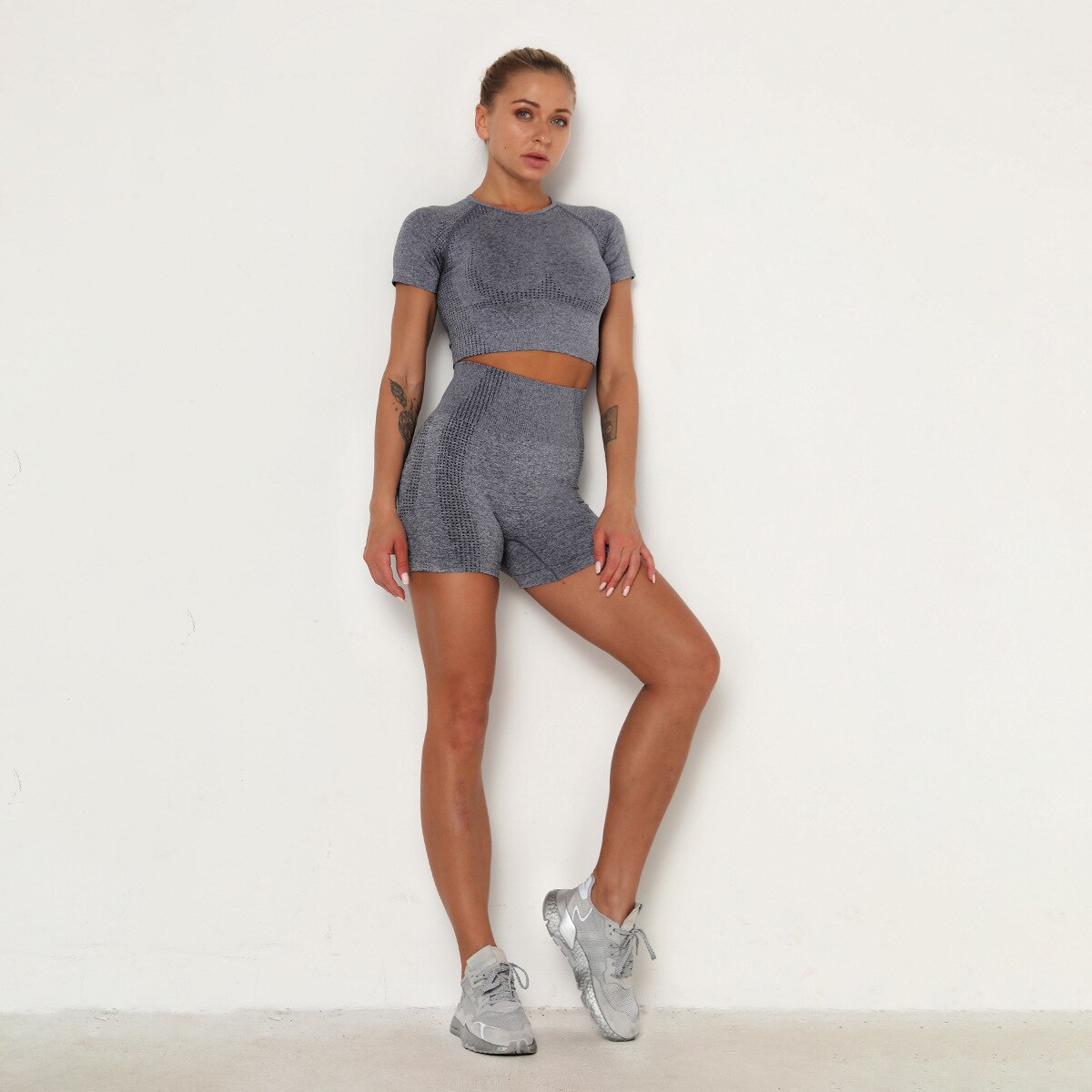 Sexy Women Casual Yoga Seamless Two Pieces Set T Shirt Crop Top Skinny Shorts Tracksuit High Elastic Jogger Fitness Sporty Suit | Vimost Shop.