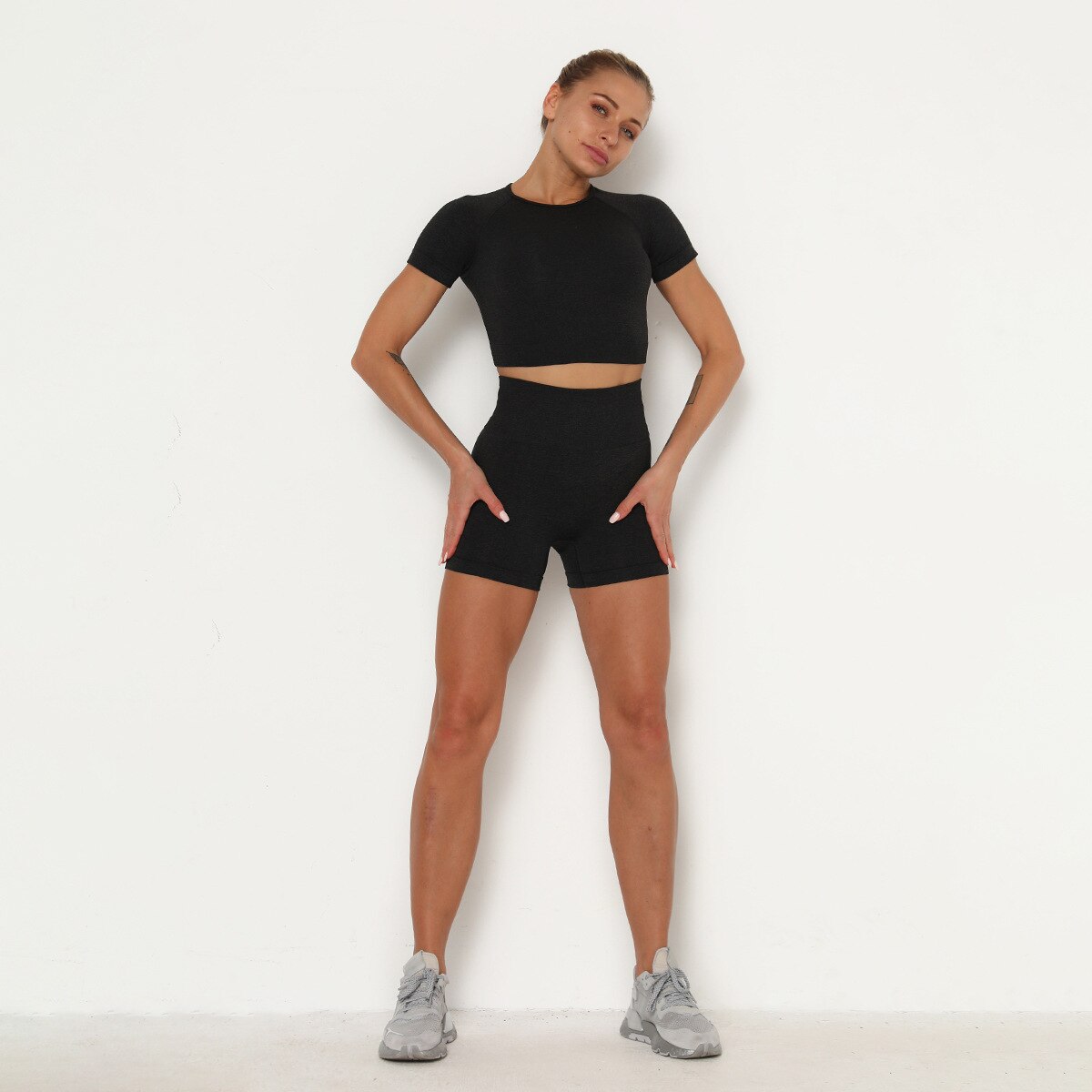 Sexy Women Casual Yoga Seamless Two Pieces Set T Shirt Crop Top Skinny Shorts Tracksuit High Elastic Jogger Fitness Sporty Suit | Vimost Shop.