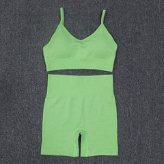 Sexy Women Casual Yoga Seamless Two Pieces Set Cami Crop Top Skinny Shorts Tracksuit High Elastic Jogger Fitness Sporty Suit