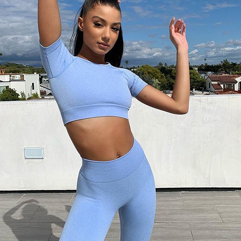 Women 2 PCS Yoga Set Seamless Knittted Fitness Sport Suit Short Sleeve Shirt Crop Top Workout Leggings Pants Tracksuit | Vimost Shop.