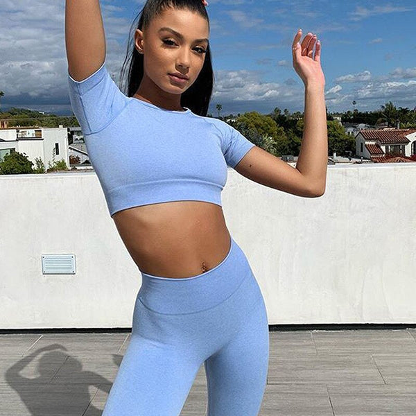 Women 2 PCS Yoga Set Seamless Knittted Fitness Sport Suit Short Sleeve Shirt Crop Top Workout Leggings Pants Tracksuit | Vimost Shop.