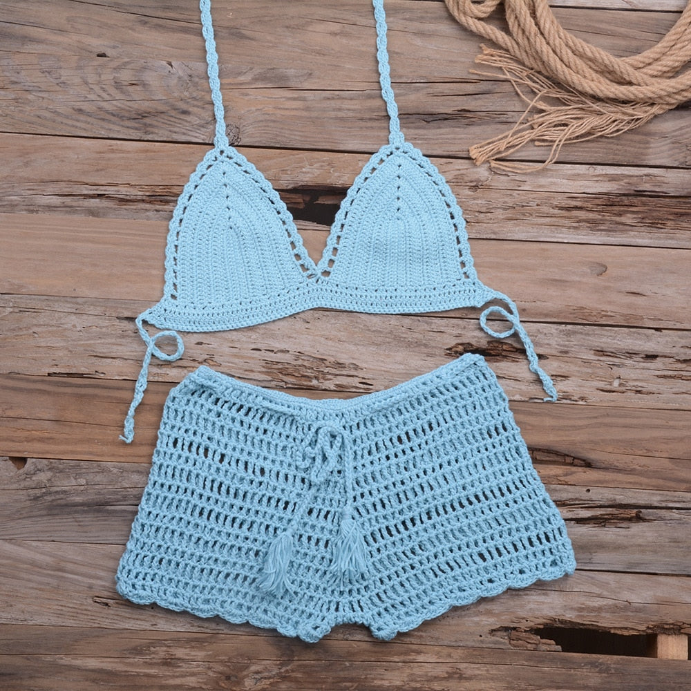Sexy Crochet Bikini Two Pieces Set Halter Bra Tie Top Knitted Shorts Biquini Summer Beach Swimwear Hollow Swimsuit Bathing Suit | Vimost Shop.