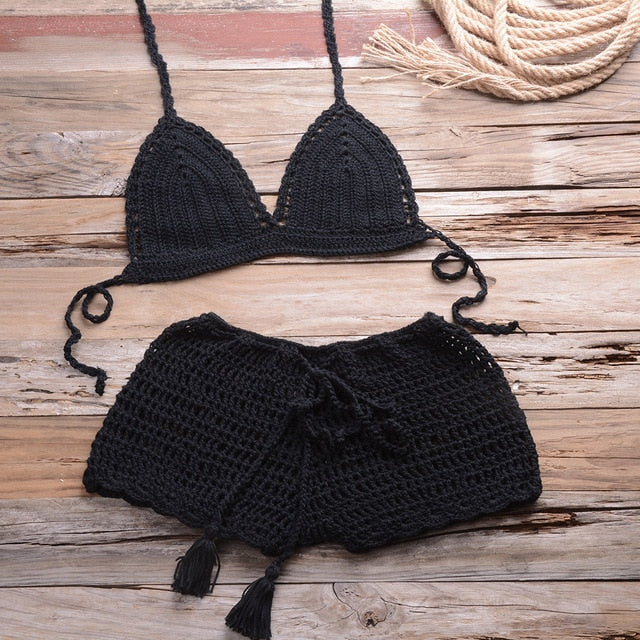 Sexy Crochet Bikini Two Pieces Set Halter Bra Tie Top Knitted Shorts Biquini Summer Beach Swimwear Hollow Swimsuit Bathing Suit | Vimost Shop.