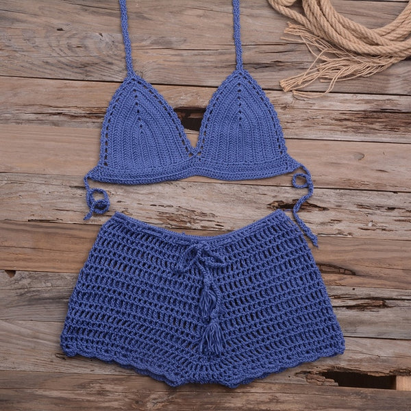Sexy Crochet Bikini Two Pieces Set Halter Bra Tie Top Knitted Shorts Biquini Summer Beach Swimwear Hollow Swimsuit Bathing Suit | Vimost Shop.