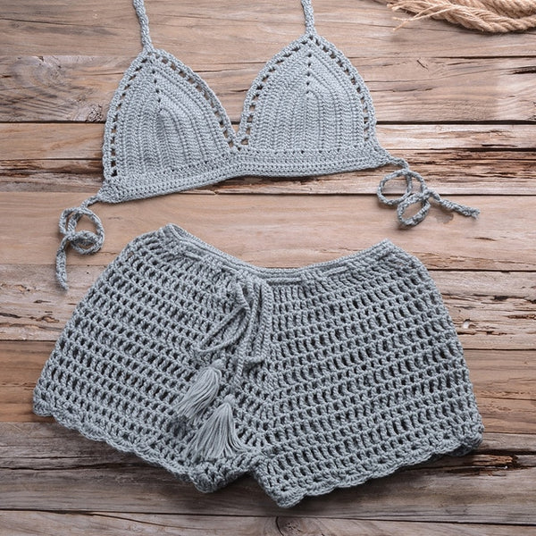 Sexy Crochet Bikini Two Pieces Set Halter Bra Tie Top Knitted Shorts Biquini Summer Beach Swimwear Hollow Swimsuit Bathing Suit | Vimost Shop.