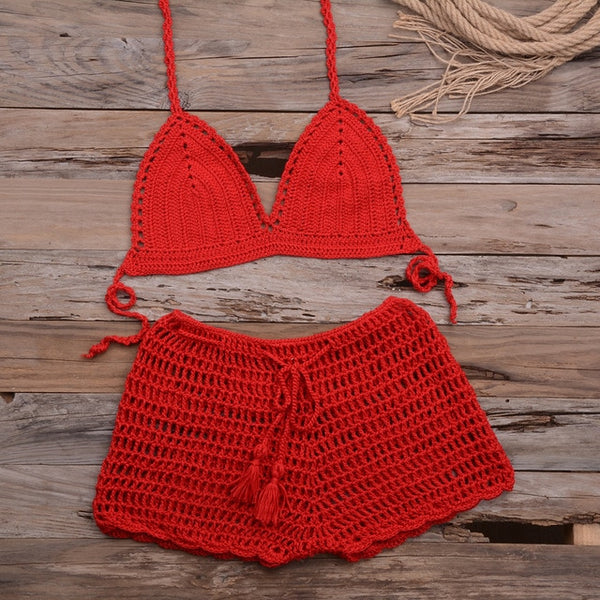 Sexy Crochet Bikini Two Pieces Set Halter Bra Tie Top Knitted Shorts Biquini Summer Beach Swimwear Hollow Swimsuit Bathing Suit | Vimost Shop.