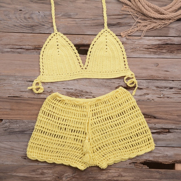 Sexy Crochet Bikini Two Pieces Set Halter Bra Tie Top Knitted Shorts Biquini Summer Beach Swimwear Hollow Swimsuit Bathing Suit | Vimost Shop.