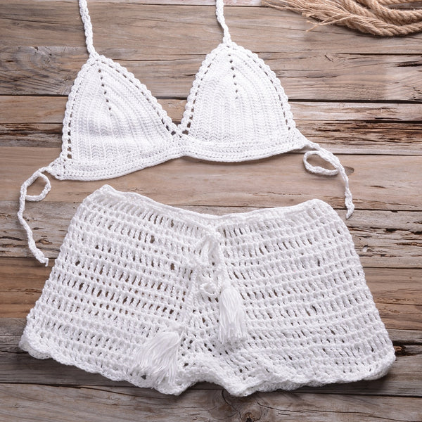 Sexy Crochet Bikini Two Pieces Set Halter Bra Tie Top Knitted Shorts Biquini Summer Beach Swimwear Hollow Swimsuit Bathing Suit | Vimost Shop.