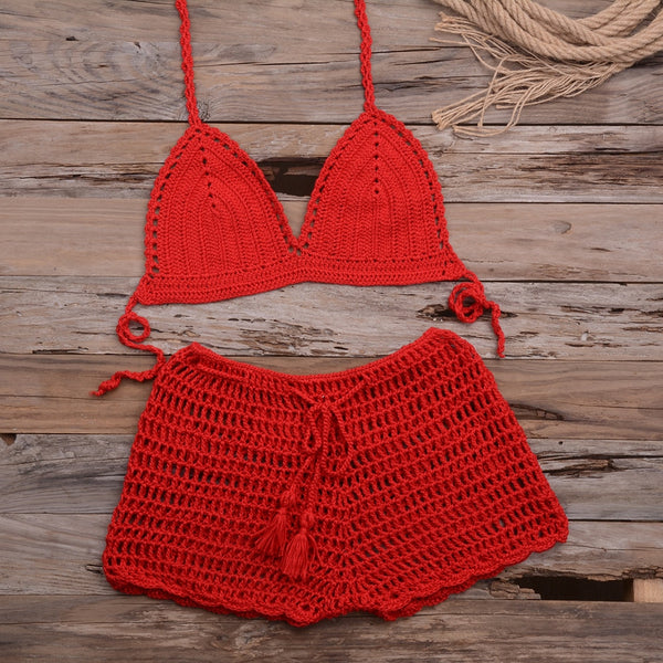 Sexy Crochet Bikini Two Pieces Set Halter Bra Tie Top Knitted Shorts Biquini Summer Beach Swimwear Hollow Swimsuit Bathing Suit | Vimost Shop.