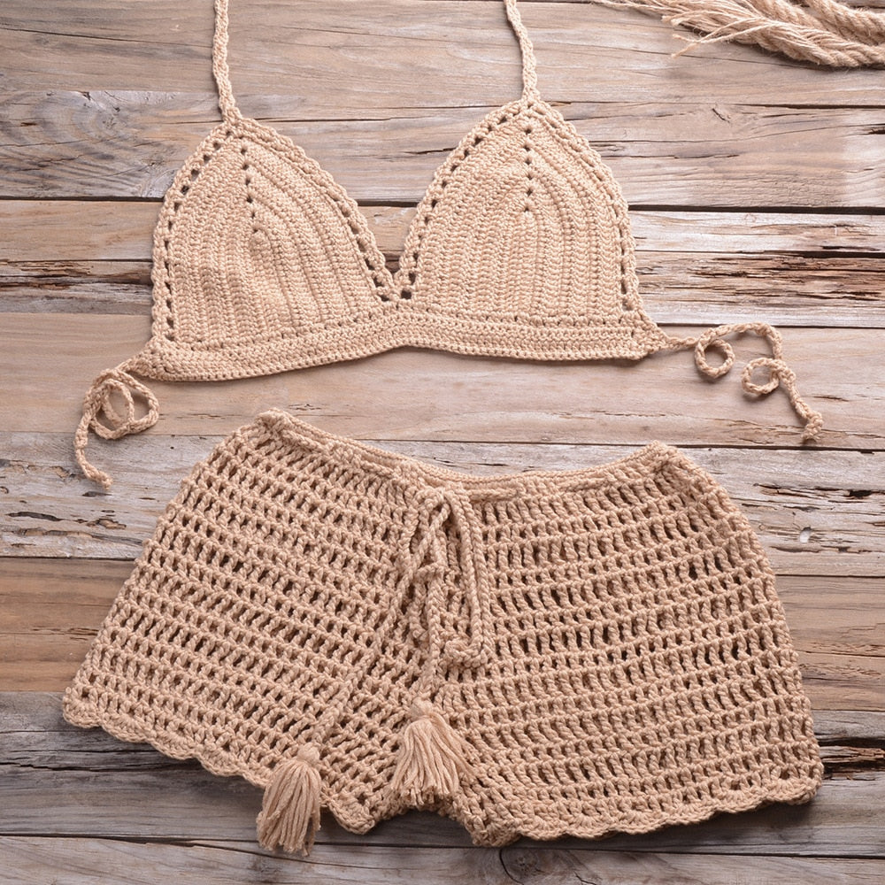 Sexy Crochet Bikini Two Pieces Set Halter Bra Tie Top Knitted Shorts Biquini Summer Beach Swimwear Hollow Swimsuit Bathing Suit | Vimost Shop.