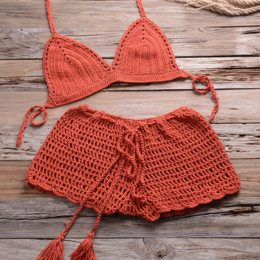 Sexy Crochet Bikini Two Pieces Set Halter Bra Tie Top Knitted Shorts Biquini Summer Beach Swimwear Hollow Swimsuit Bathing Suit | Vimost Shop.