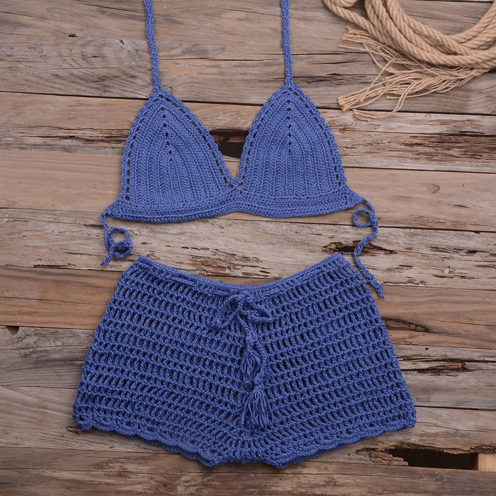 Sexy Crochet Bikini Two Pieces Set Halter Bra Tie Top Knitted Shorts Biquini Summer Beach Swimwear Hollow Swimsuit Bathing Suit | Vimost Shop.