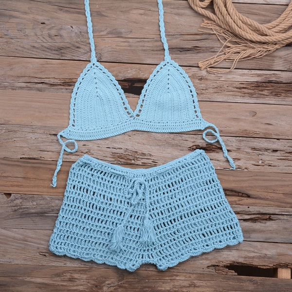 Sexy Crochet Bikini Two Pieces Set Halter Bra Tie Top Knitted Shorts Biquini Summer Beach Swimwear Hollow Swimsuit Bathing Suit | Vimost Shop.
