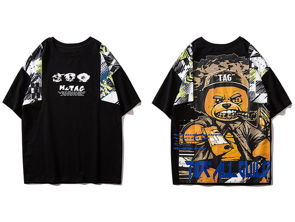 Hip Hop T Shirt Men Harajuku Streetwear Ferocious Bear Print Patchwork Tops Casual Cotton Short Sleeve Tees | Vimost Shop.