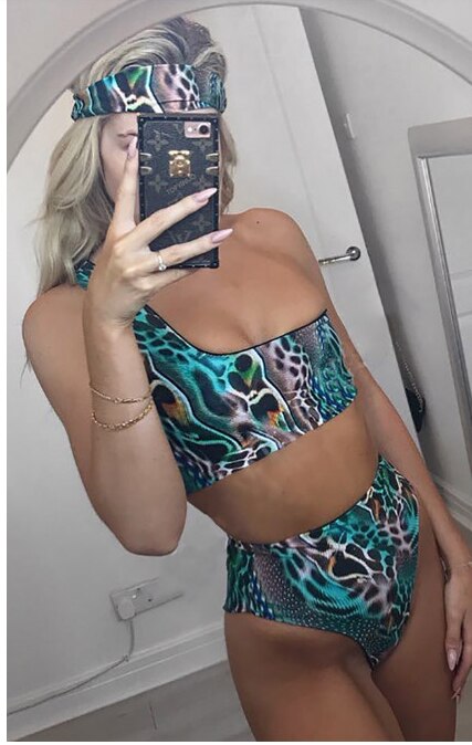 Print One Shoulder High Waist two Pieces Bikini set With Headband Women Swimwear Bathing Suit Swimsuit Female Sexy Holiday Beach | Vimost Shop.