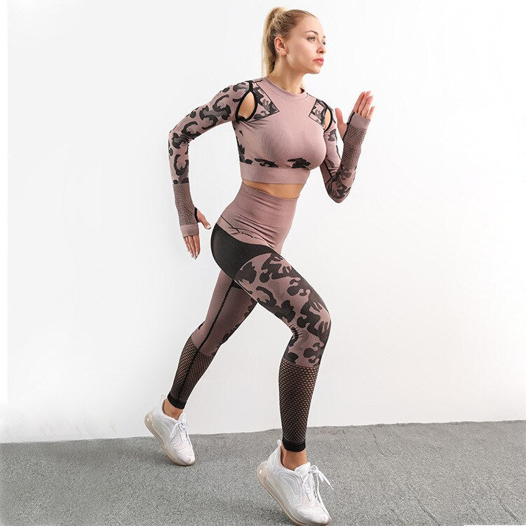 Autumn Seamless Camo Print Sports Yoga Set Sheer Mesh Patchwork Gym Fitness Long Sleeve Leggings Tracksuit Training Clothing | Vimost Shop.