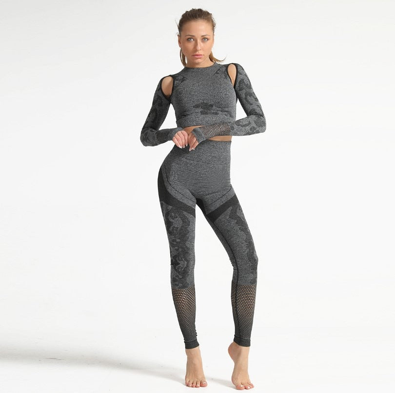Autumn Seamless Camo Print Sports Yoga Set Sheer Mesh Patchwork Gym Fitness Long Sleeve Leggings Tracksuit Training Clothing | Vimost Shop.