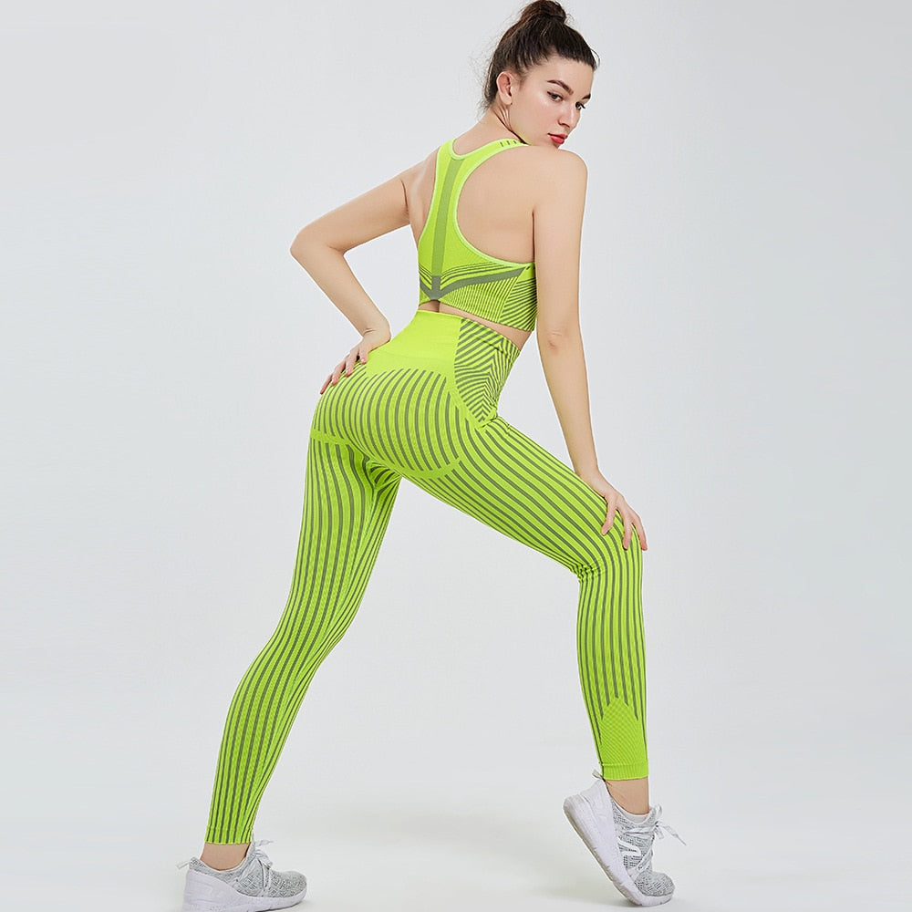 Seamless Striped Sports Yoga Set Gym Fitness Tracksuit Fashion Bra Top Leggings Suit Jogging Push Up Workout Training Clothing | Vimost Shop.