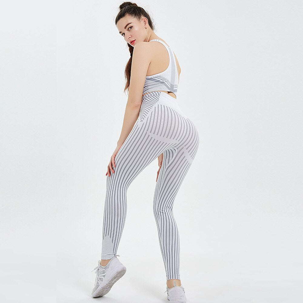 Seamless Striped Sports Yoga Set Gym Fitness Tracksuit Fashion Bra Top Leggings Suit Jogging Push Up Workout Training Clothing | Vimost Shop.