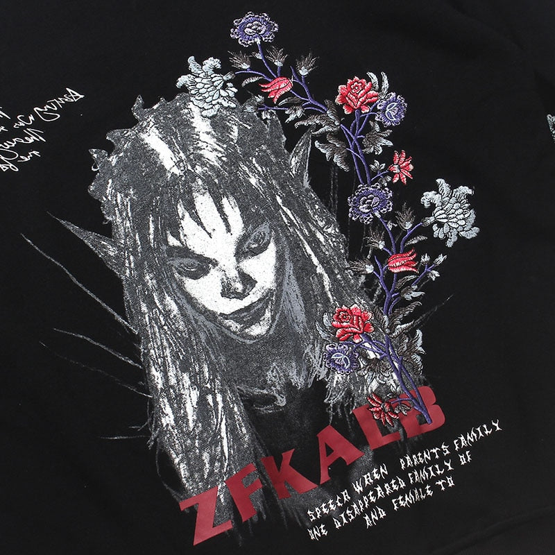 Mens Hip Hop Streetwear Hoodie Embroidery Flower Freaky Printed Sweatshirt Cotton Loose Floral Tops Fashion Hooded Pullover | Vimost Shop.