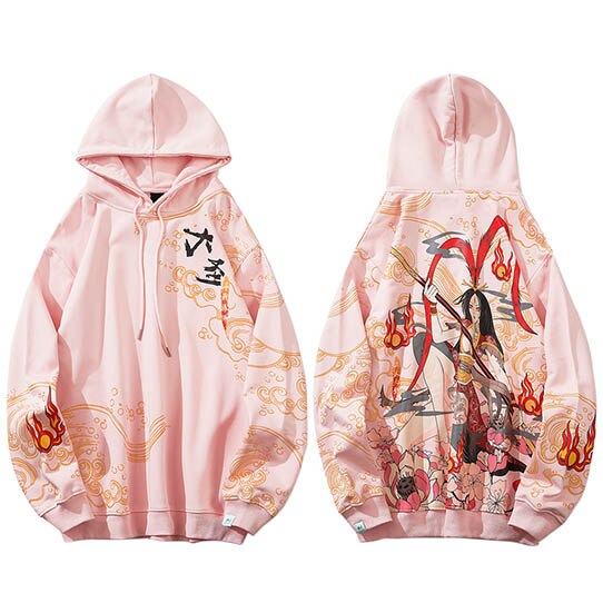 Mens Hip Hop Streetwear Hoodie Sweatshirt Chinese Kanji Girl Warrior Autumn Winter Cotton Fleece Pullover Harajuku Black | Vimost Shop.