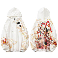 Mens Hip Hop Streetwear Hoodie Sweatshirt Chinese Kanji Girl Warrior Autumn Winter Cotton Fleece Pullover Harajuku Black