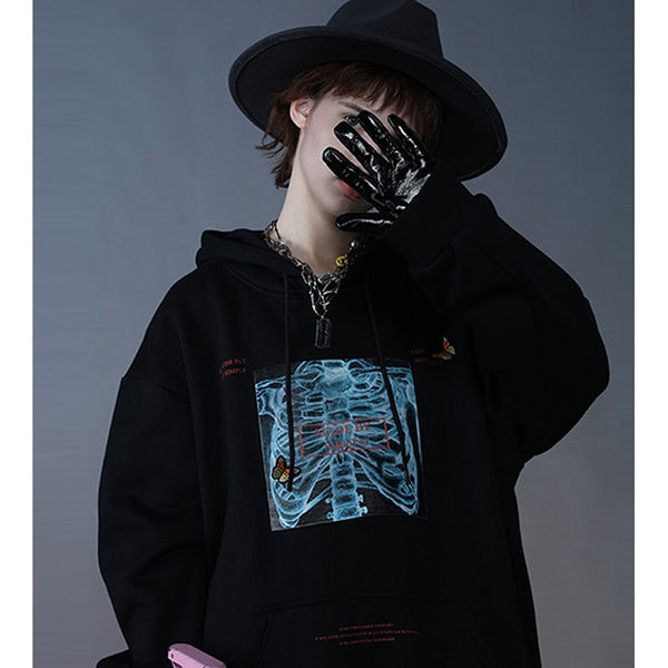 Mens Streetwear Hooded Pullover Chest Skeleton Printed Sweatshirt Hoodie Cotton Fleece Khaki New Pullover Sweatshirt | Vimost Shop.