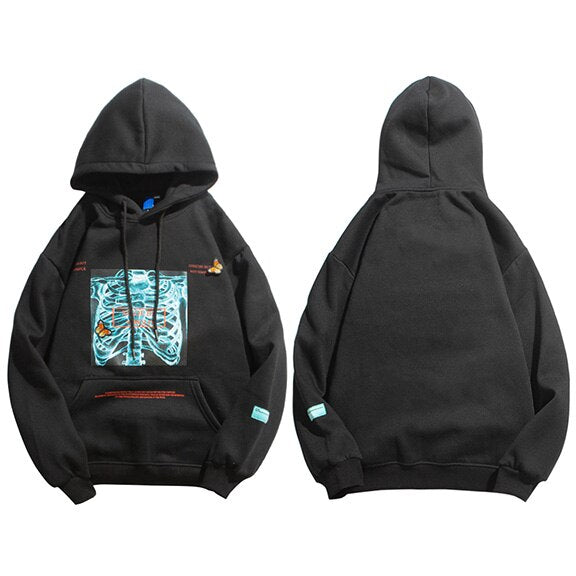 Mens Streetwear Hooded Pullover Chest Skeleton Printed Sweatshirt Hoodie Cotton Fleece Khaki New Pullover Sweatshirt | Vimost Shop.