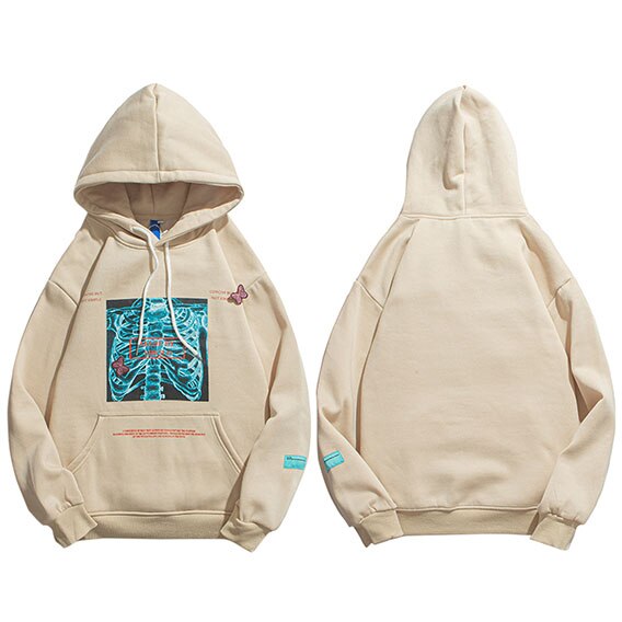Mens Streetwear Hooded Pullover Chest Skeleton Printed Sweatshirt Hoodie Cotton Fleece Khaki New Pullover Sweatshirt | Vimost Shop.