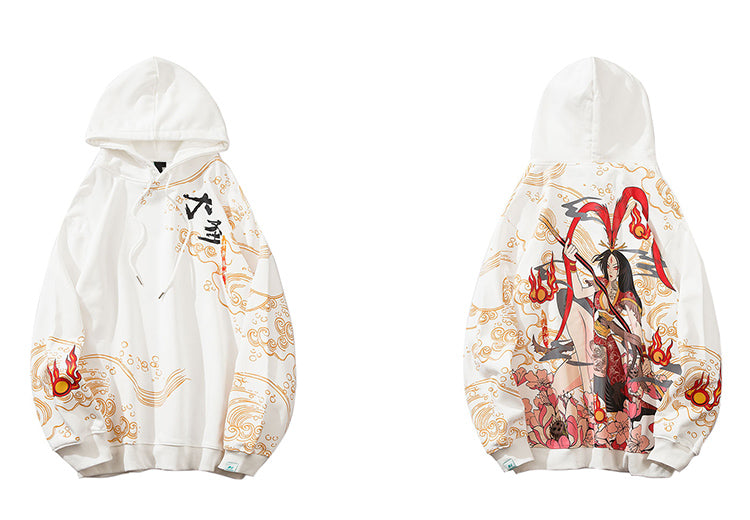 Mens Hip Hop Streetwear Hoodie Sweatshirt Chinese Kanji Girl Warrior Autumn Winter Cotton Fleece Pullover Harajuku Black | Vimost Shop.