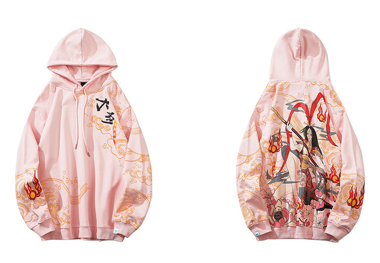 Mens Hip Hop Streetwear Hoodie Sweatshirt Chinese Kanji Girl Warrior Autumn Winter Cotton Fleece Pullover Harajuku Black | Vimost Shop.