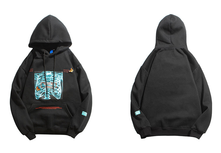 Mens Streetwear Hooded Pullover Chest Skeleton Printed Sweatshirt Hoodie Cotton Fleece Khaki New Pullover Sweatshirt | Vimost Shop.