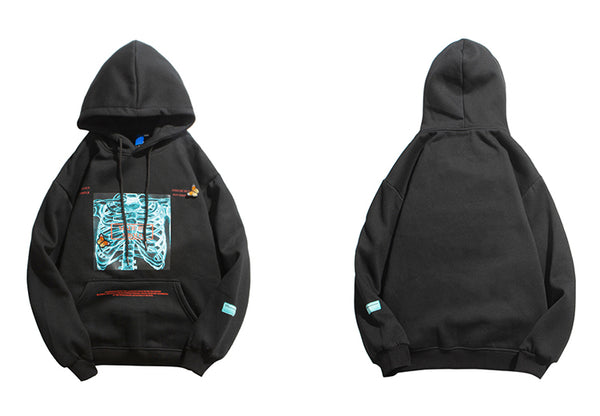 Mens Streetwear Hooded Pullover Chest Skeleton Printed Sweatshirt Hoodie Cotton Fleece Khaki New Pullover Sweatshirt | Vimost Shop.