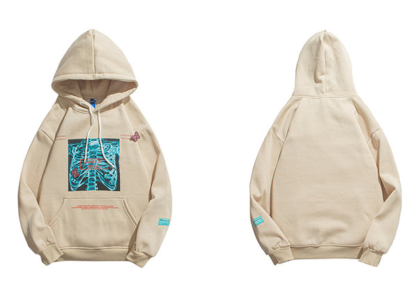 Mens Streetwear Hooded Pullover Chest Skeleton Printed Sweatshirt Hoodie Cotton Fleece Khaki New Pullover Sweatshirt | Vimost Shop.