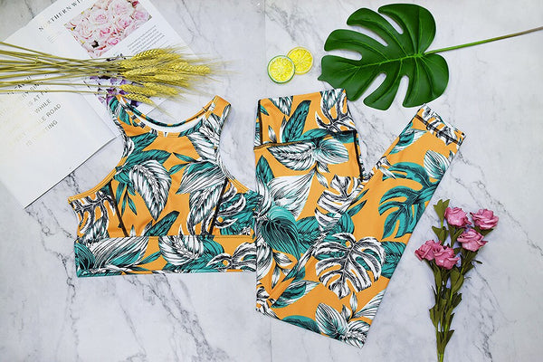 Seamless Leaf Print Sports Yoga Set Gym Fitness Tracksuit Fashion Top Leggings Suit Jogging Workout Training Dance Clothing Suit | Vimost Shop.