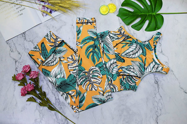 Seamless Leaf Print Sports Yoga Set Gym Fitness Tracksuit Fashion Top Leggings Suit Jogging Workout Training Dance Clothing Suit | Vimost Shop.