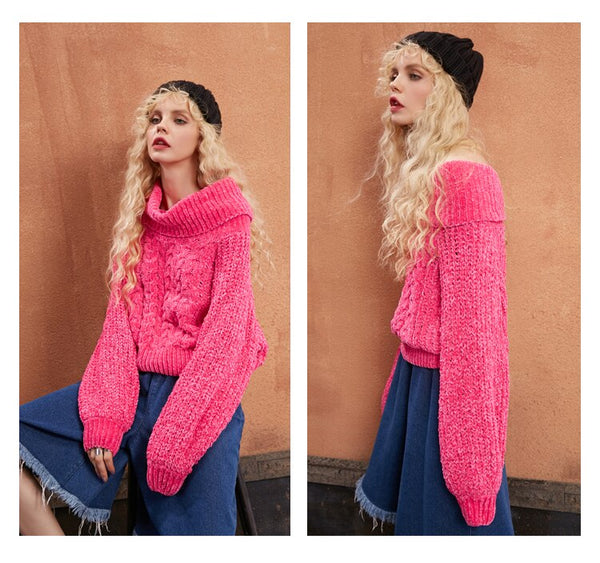 Gray Solid Knitted Casual Sweater Women Autumn Rose Red Pure Korean Ladies Off-Shoulder Top | Vimost Shop.