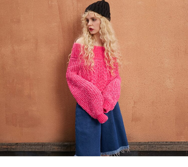 Gray Solid Knitted Casual Sweater Women Autumn Rose Red Pure Korean Ladies Off-Shoulder Top | Vimost Shop.