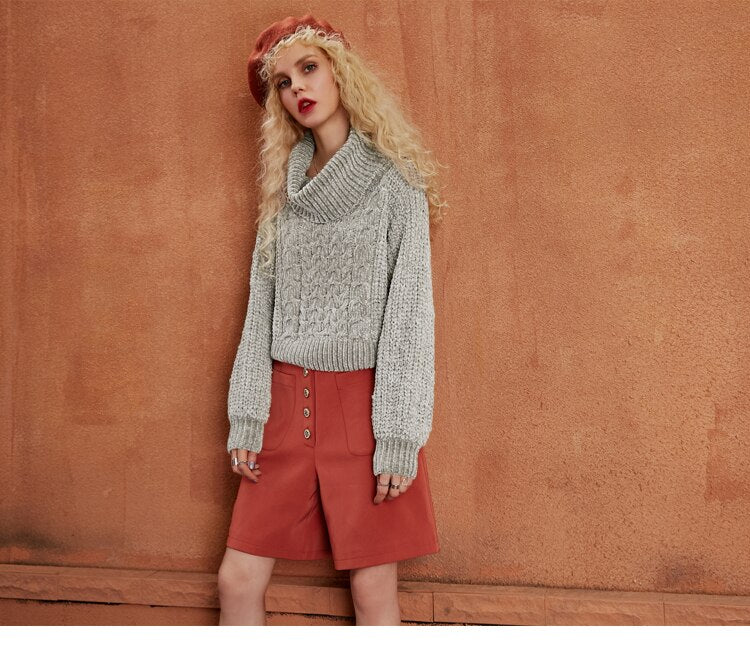 Gray Solid Knitted Casual Sweater Women Autumn Rose Red Pure Korean Ladies Off-Shoulder Top | Vimost Shop.