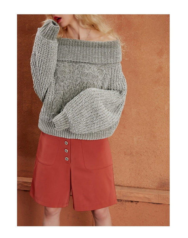 Gray Solid Knitted Casual Sweater Women Autumn Rose Red Pure Korean Ladies Off-Shoulder Top | Vimost Shop.