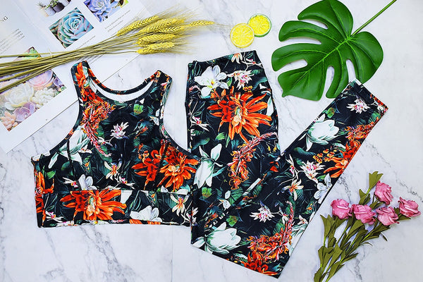 Seamless Floral Print Sports Yoga Set Gym Fitness Tracksuit Fashion Top Leggings Suit Jogging Workout Training Dance Clothing | Vimost Shop.