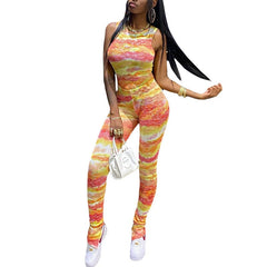 Tie Dye Print Women Sports Tracksuit Fashion Tank Crop Top Slim Pants  Sexy Running Workout Two Piece Sets Energy Fitness Set