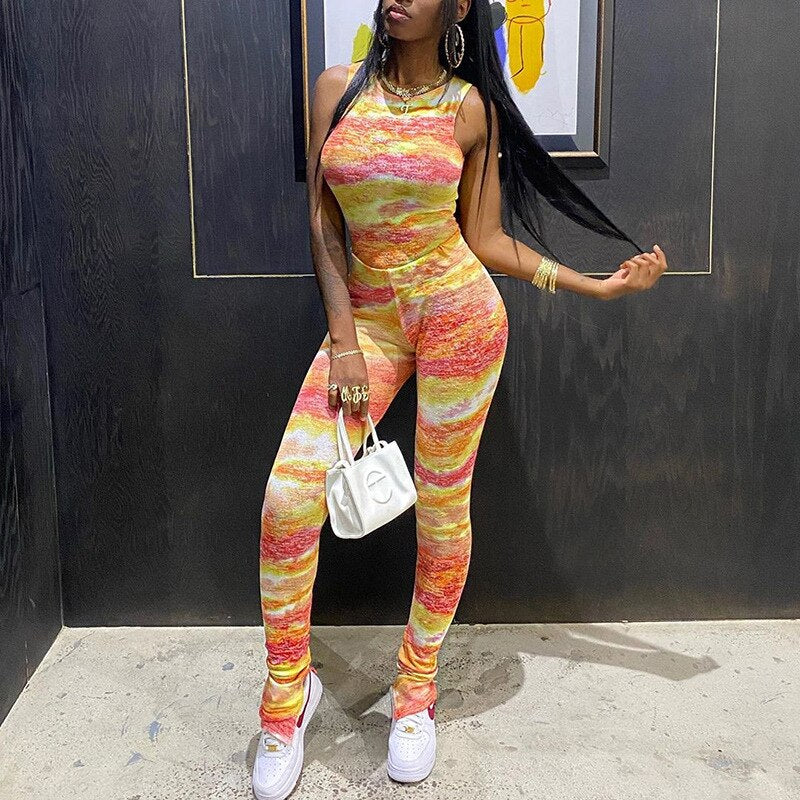 Tie Dye Print Women Sports Tracksuit Fashion Tank Crop Top Slim Pants Sexy Running Workout Two Piece Sets Energy Fitness Set | Vimost Shop.