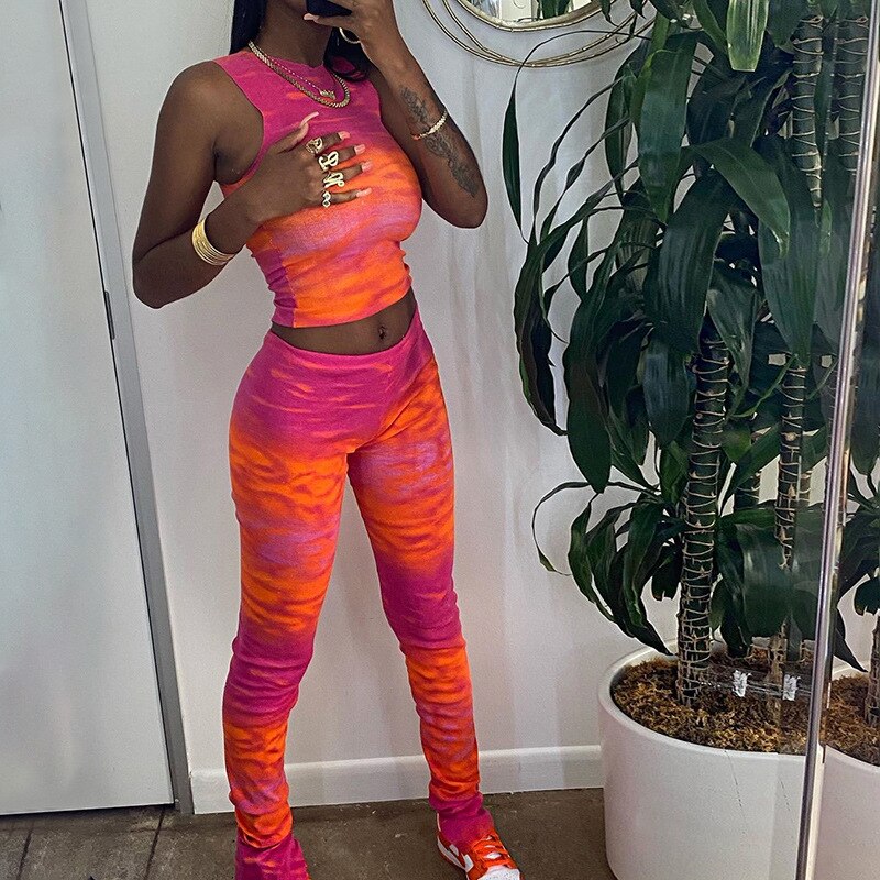 Tie Dye Print Women Sports Tracksuit Fashion Tank Crop Top Slim Pants Sexy Running Workout Two Piece Sets Energy Fitness Set | Vimost Shop.