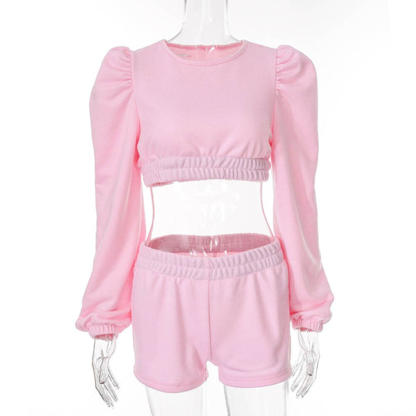 Autumn Solid Tracksuit Set For Women Long Puff Sleeve Crop Top Shorts Suit Casual Gym Running Sports Work Out Outfits Home Suit | Vimost Shop.