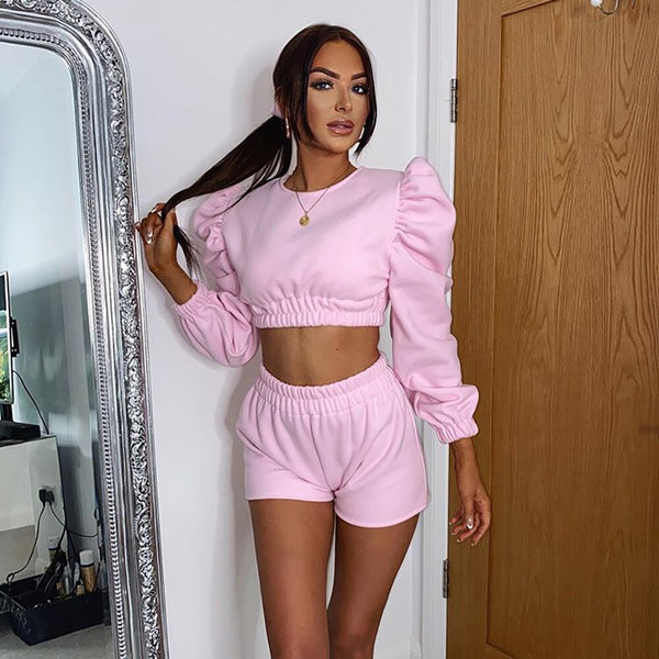 Autumn Solid Tracksuit Set For Women Long Puff Sleeve Crop Top Shorts Suit Casual Gym Running Sports Work Out Outfits Home Suit | Vimost Shop.