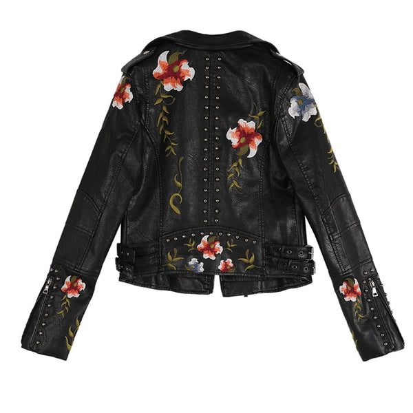 Women Floral Print Embroidery Faux Soft Leather Jacket Coat Turn-down Collar Casual Pu Motorcycle Black Punk Outerwear | Vimost Shop.