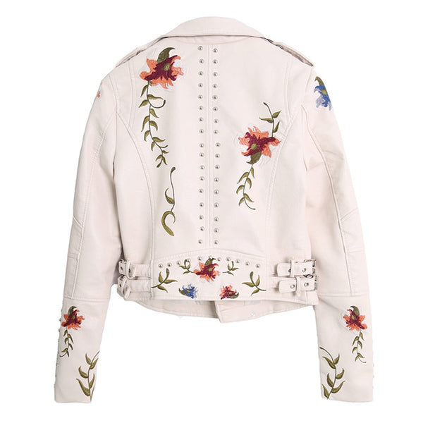 Women Floral Print Embroidery Faux Soft Leather Jacket Coat Turn-down Collar Casual Pu Motorcycle Black Punk Outerwear | Vimost Shop.