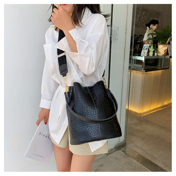 Fashion Pu Leather Big Bag Women's New Crocodile Shoulder Bucket Bag Large Capacity Travel Broadband Ladies Party Messenger Bag | Vimost Shop.